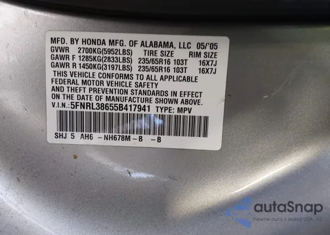 2005 Honda Odyssey Ex-L z USA, uszkodzony, nr VIN 5FNRL38655B417941